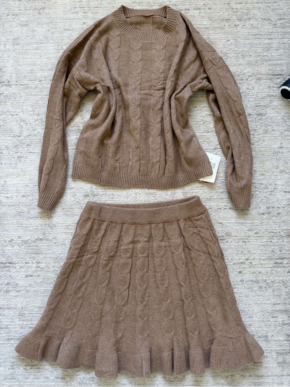 Tankaneo Cozy Cable-Knit Crew Sweater with Skirt in Brown (Size Small) - Picture 3 of 4